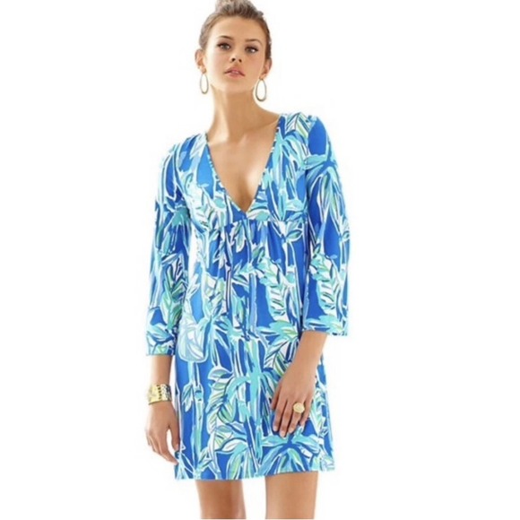 Lilly Pulitzer Dresses & Skirts - Lilly Pulitzer Renata Tunic Dress L Blue Tropical Palm Print Long Sleeve V Neck